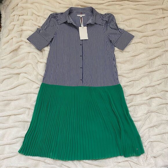 NWT Tommy Hilfiger Two-Tone Pleated Shirt Dress pale blue/forest green - Picture 9 of 10